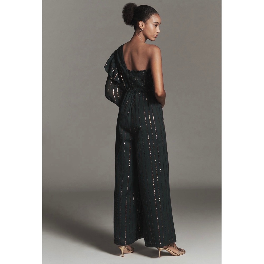 Farm Rio Anthropologie Green Metallic Striped One Shoulder Wide Leg Jumpsuit NEW - Picture 8 of 10